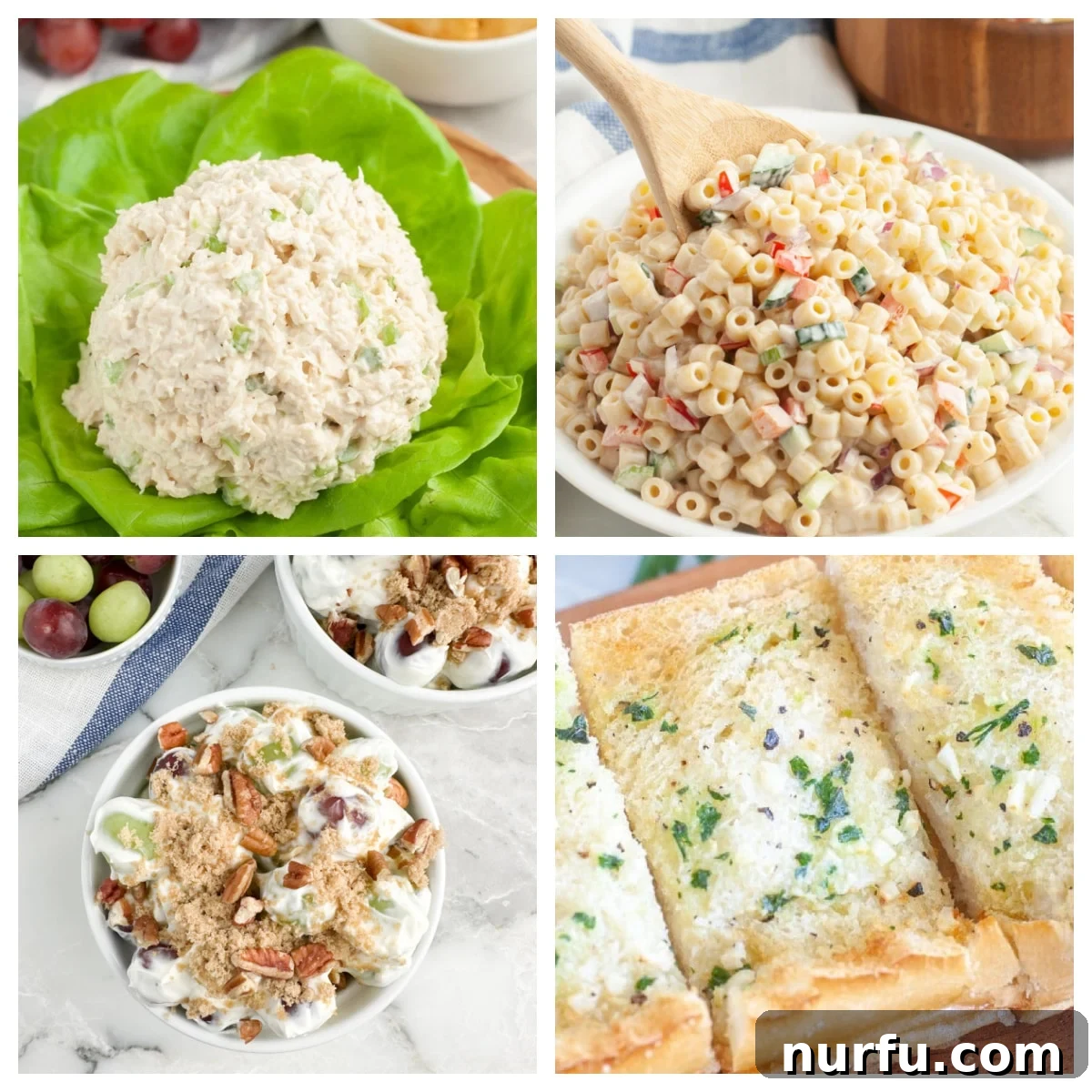 Perfect Sides for Chicken Salad 2 Chicken salad, pasta salad, grape salad, and garlic bread.