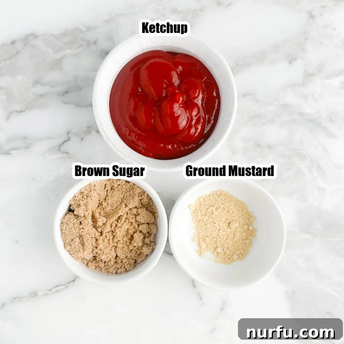 Ultimate Meatloaf Sauce 3 Bowl of ketchup, brown sugar, and ground mustard ingredients.