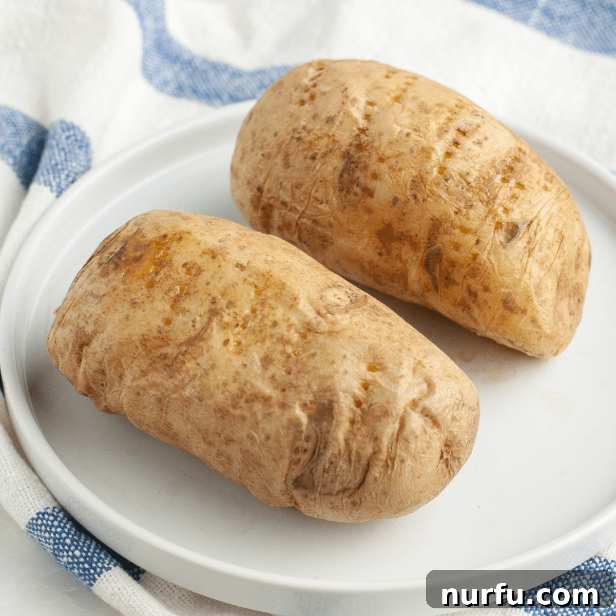 Two perfectly cooked, fluffy potatoes on a plate, ready for toppings.