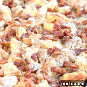 Sweet and Savory French Toast Bacon Bake 2 Baking dish with french toast casserole.