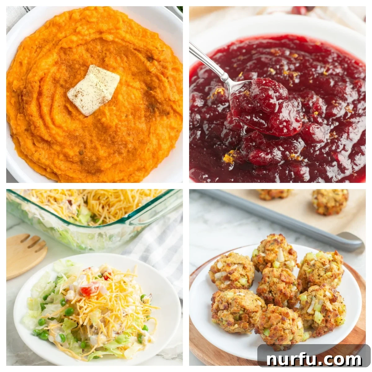 Mashed sweet potatoes, cranberry sauce, salad, and stuffing balls arranged beautifully on a Thanksgiving table.