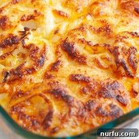 A casserole dish showcasing perfectly baked cheesy onions, golden and inviting.