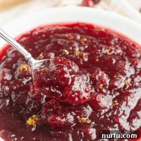 A serving bowl of enhanced canned cranberry sauce, with a spoonful ready to be enjoyed.