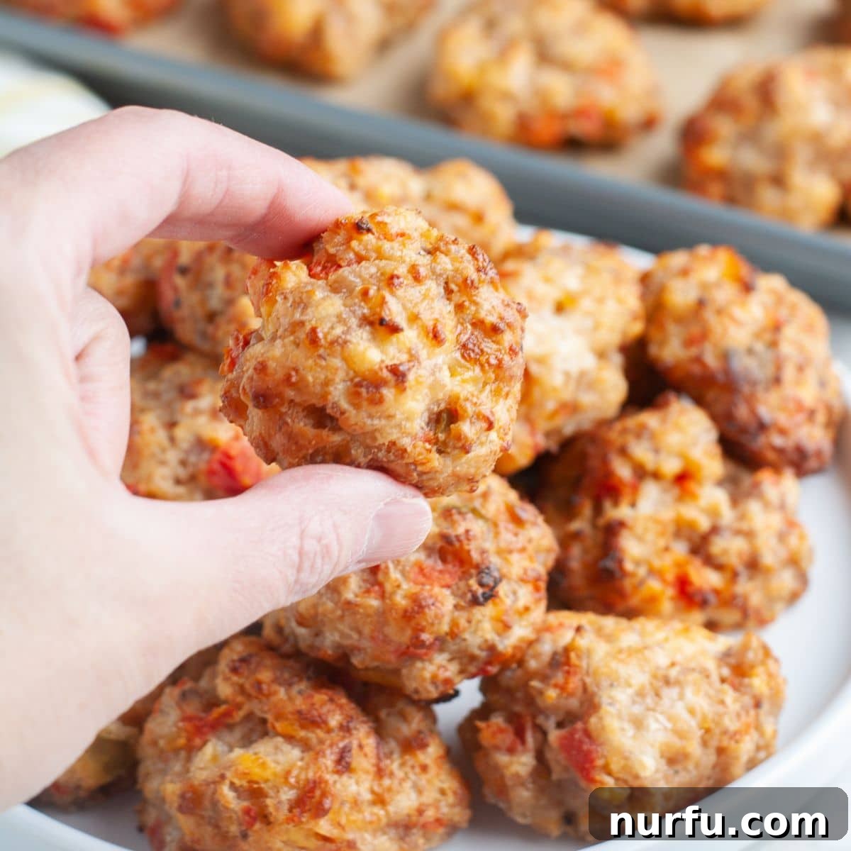 A hand holds a single, perfectly golden-brown Rotel Cream Cheese Sausage Ball, showcasing its inviting texture and readiness to be eaten.