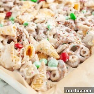 Festive Reindeer Treats 8 Sheet pan with snack mix.