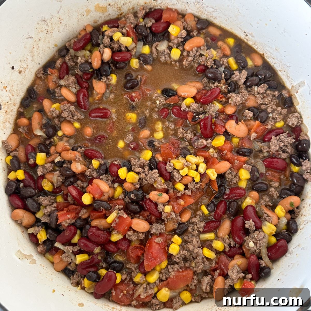 Southwestern Fiesta Soup 7 A close-up of the finished Santa Fe soup simmering in a pot, rich with ground beef, various beans, and corn, ready to be served hot.
