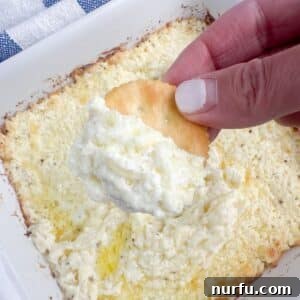Hand holding a cracker with a scoop of baked Vidalia onion dip.