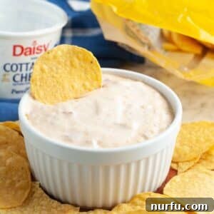 A bowl of cottage cheese queso dip with a tortilla chip.