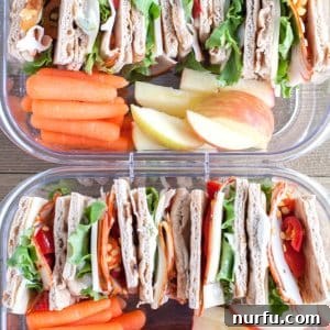 Turkey Protein Bistro Box 3 Container with stacked sandwich carrot stacks and apple slices.
