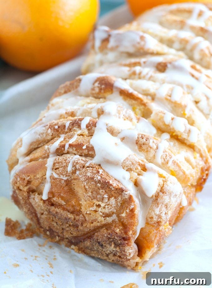 Glazed Breakfast Bread Close-up of orange pull apart bread with glaze