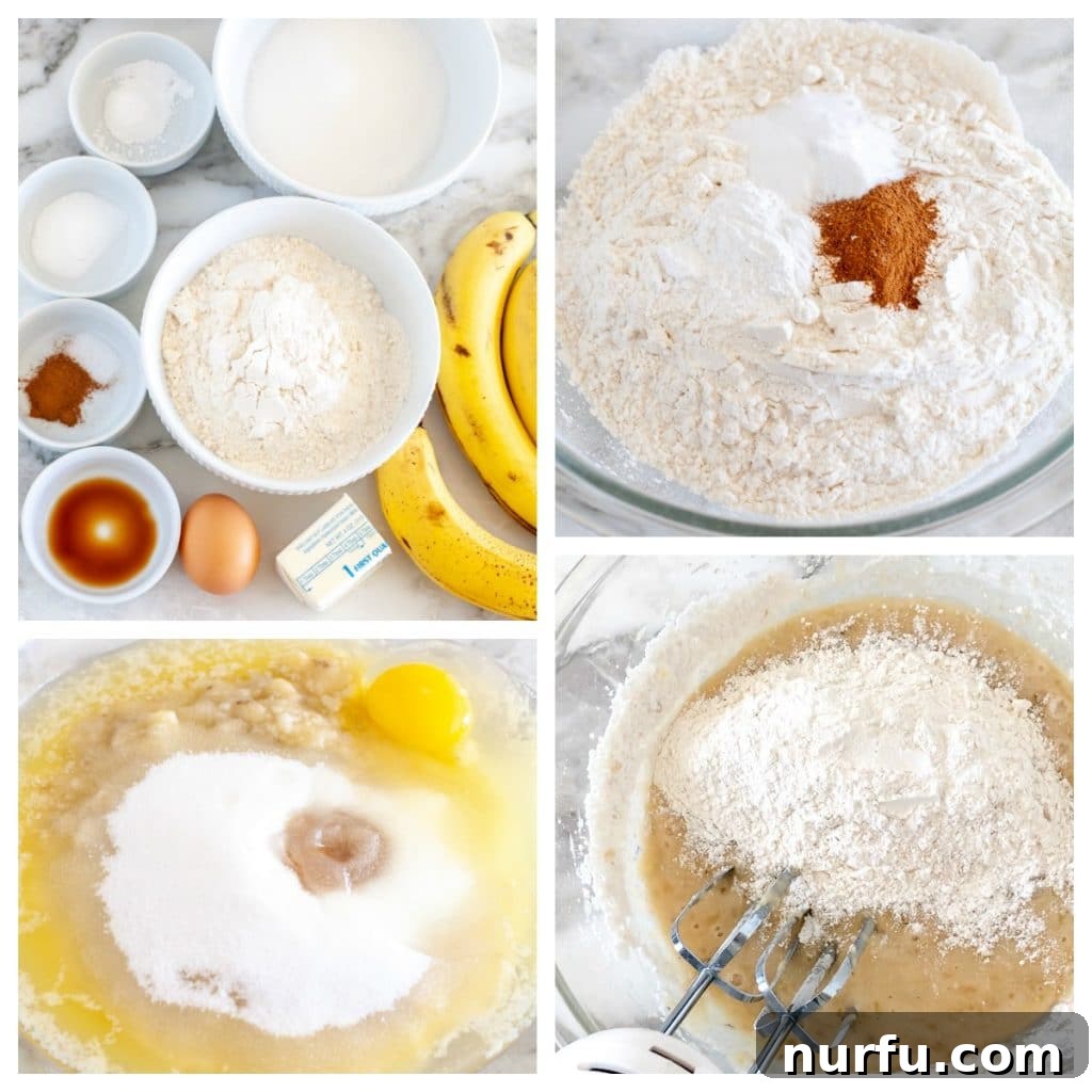 Bakery-Style Banana Bread Muffins 3 A bowl containing flour, sugar, bananas, butter, and egg, ready to be combined for banana bread muffins.