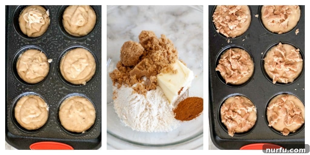 Bakery-Style Banana Bread Muffins 4 Muffin batter filled into a muffin pan, topped with a generous layer of crumble.