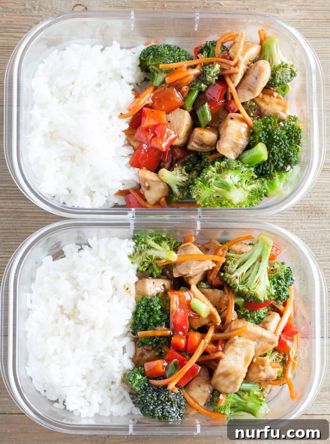 A perfectly portioned Teriyaki Chicken meal prep bowl with rice, broccoli, and peppers, garnished with sesame seeds.