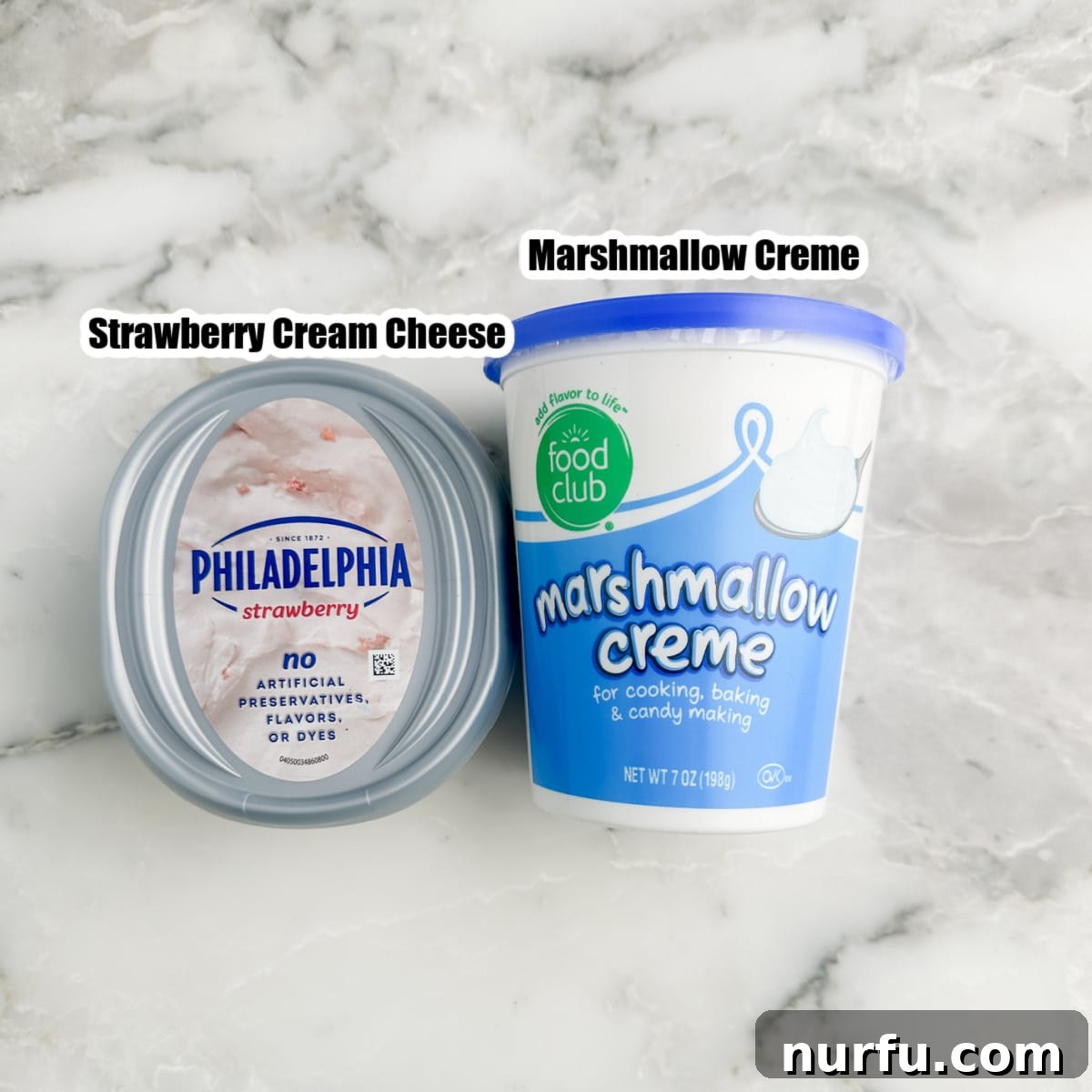 Strawberry Bliss Dip 3 Containers of strawberry cream cheese and marshmallow creme, the two key ingredients.