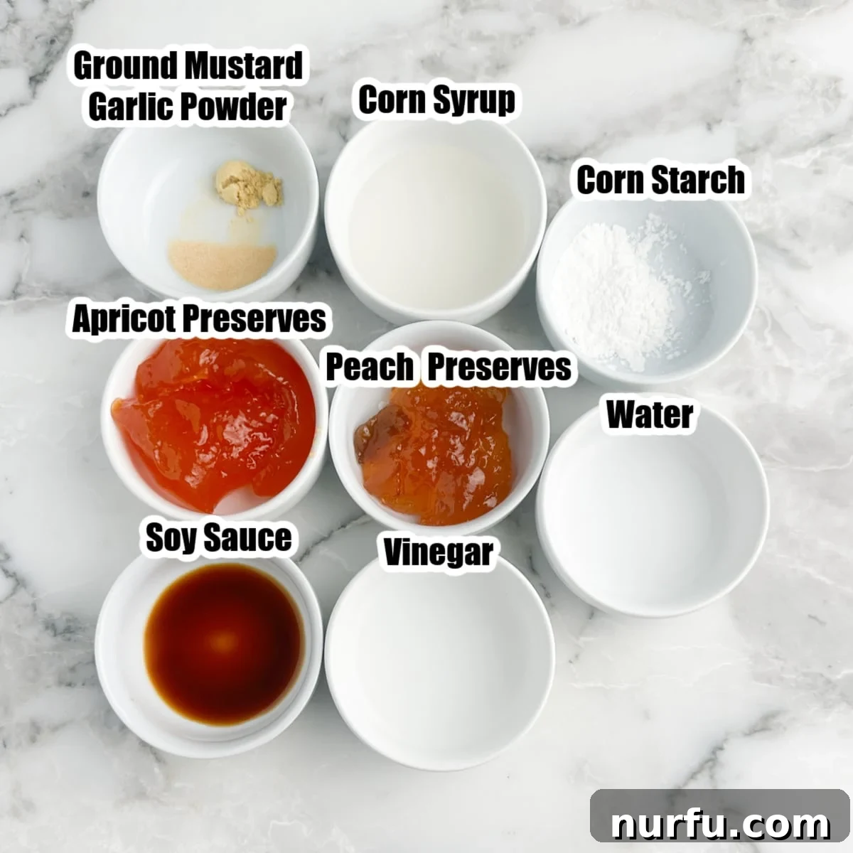 Perfect Homemade McDonalds Sweet and Sour Sauce 3 Bowls of apricot and peach preserves, corn starch, soy sauce, vinegar, spices, and water.