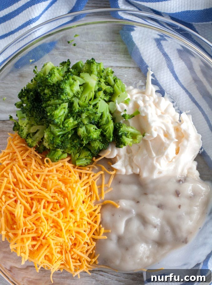 Broccoli Cheese Casserole Ingredients Ready to Mix A bowl filled with raw broccoli florets, shredded cheddar cheese, mayonnaise, and a can of cream of mushroom soup, all ready to be mixed together for the casserole.