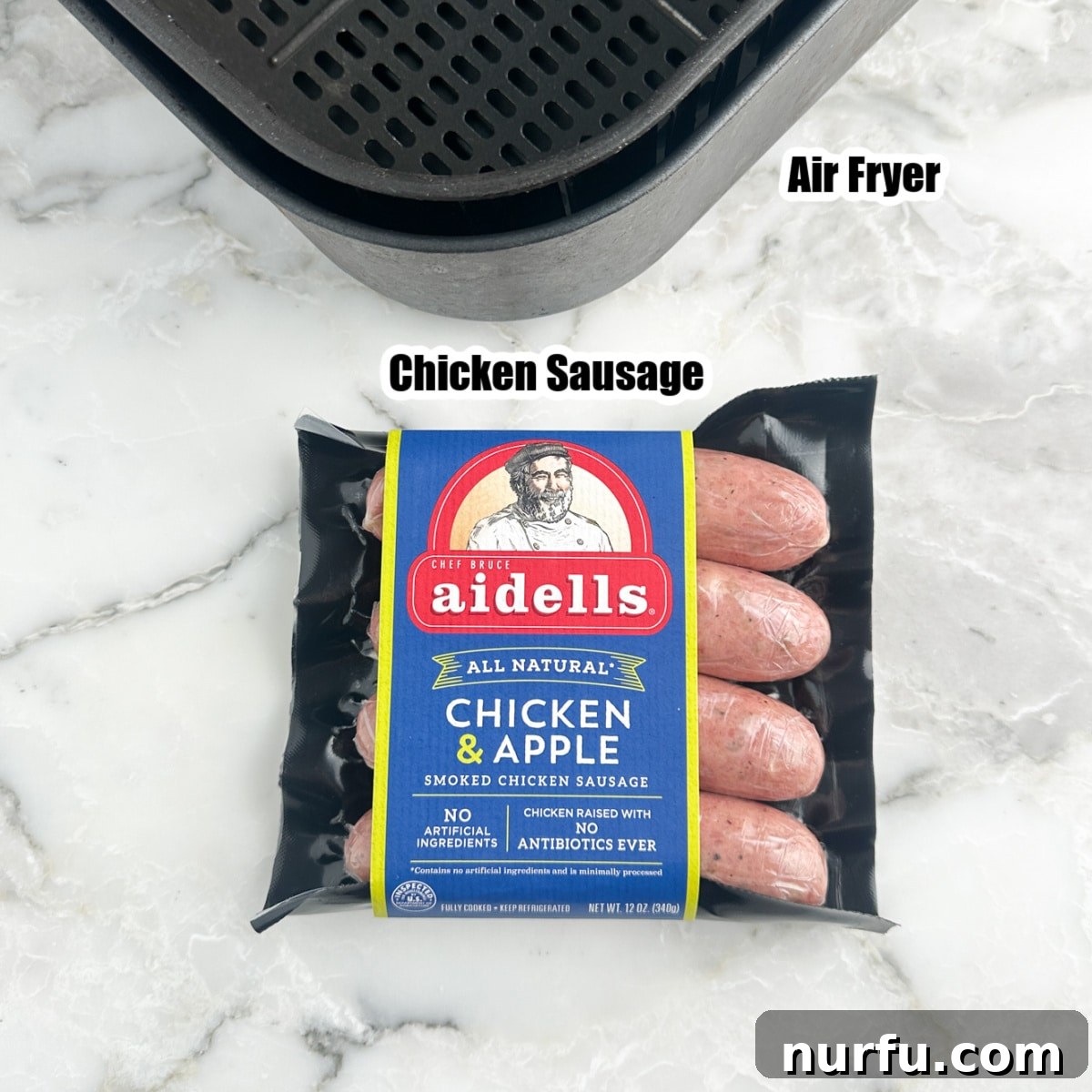Perfectly Crispy Air Fryer Chicken Sausage 3 Package of raw chicken sausage and an air fryer basket, ready for cooking.