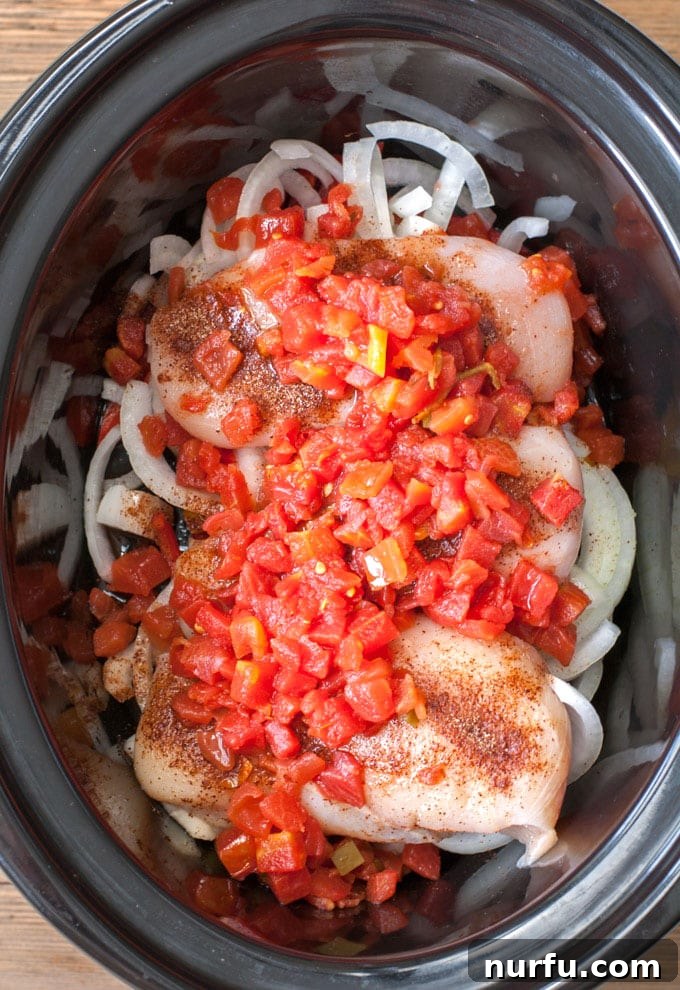 Raw ingredients, including diced tomatoes, chicken breasts, sliced onions, and bell peppers, layered inside a slow cooker before cooking.
