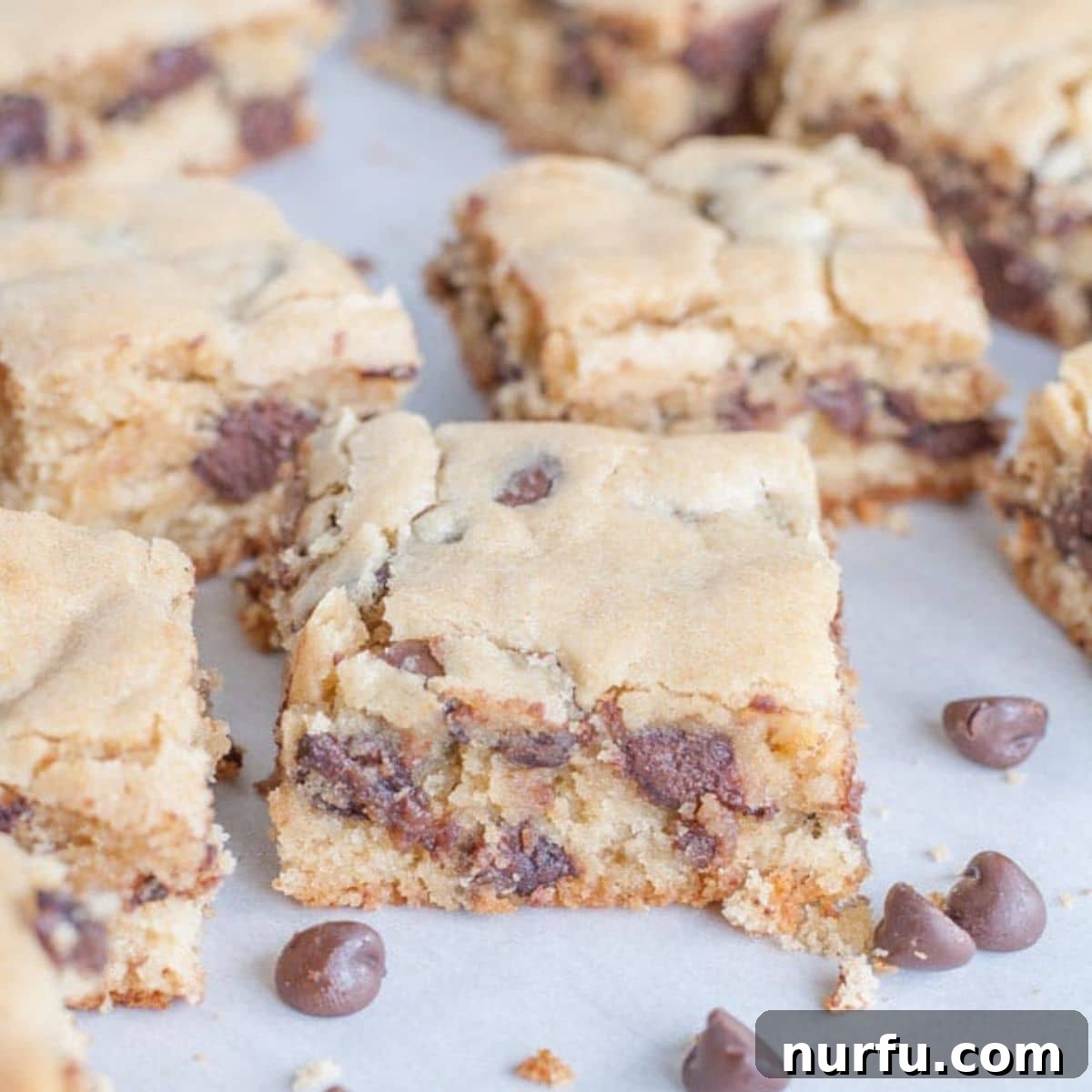 Congo Squares Freshly baked, golden-brown chocolate chip squares, perfectly cut and ready to enjoy.