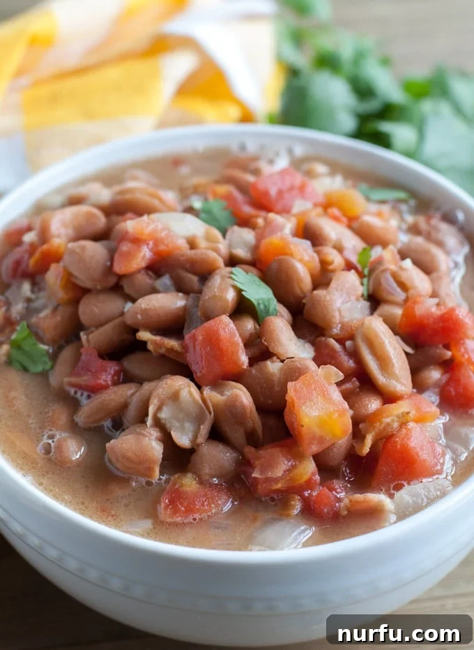 A bowl of rich, savory Charro Beans garnished with fresh cilantro, ready to be served.