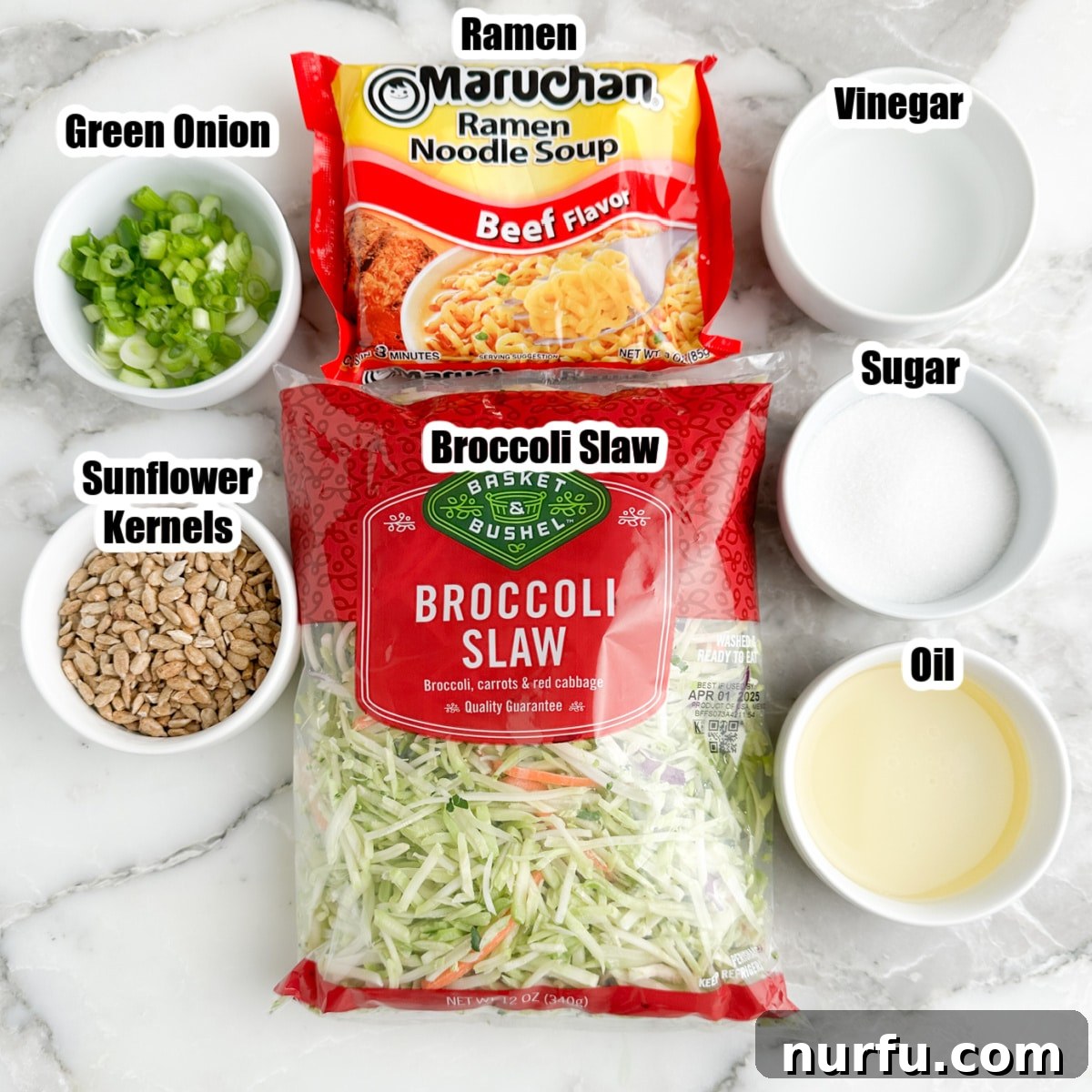 Crunchy Ramen Broccoli Salad 3 Broccoli slaw, ramen, bowl of green onion, oil, sugar, vinegar.