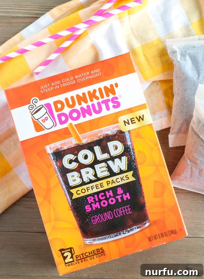 Dunkin' Donuts Cold Brew Coffee packs neatly arranged in a box.
