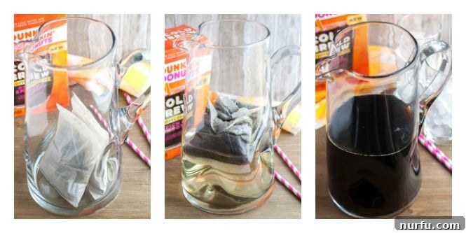 A visual representation of three simple steps to make cold brew coffee: Drop, Steep, Love.