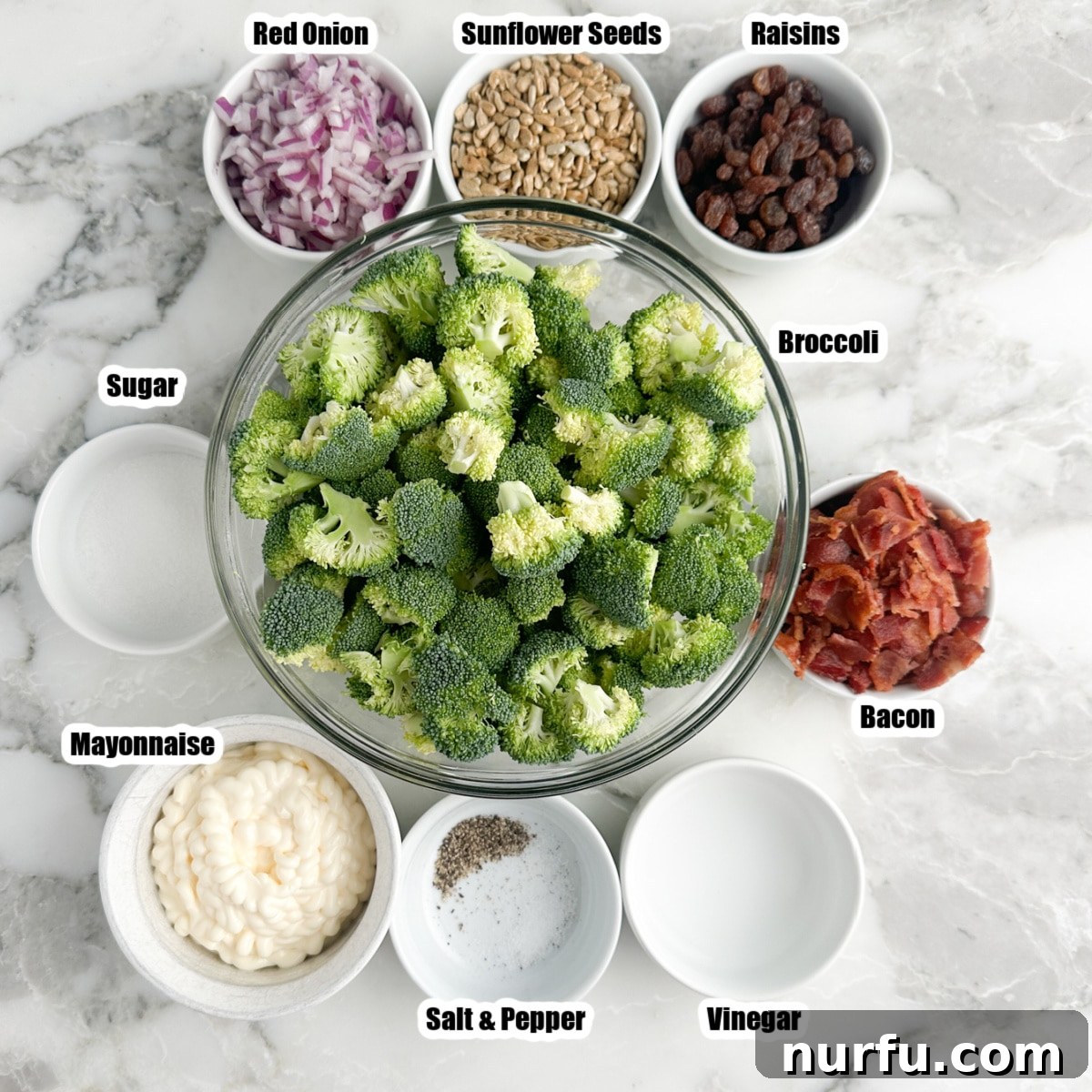 Vibrant Broccoli Raisin Bliss 3 A visual display of all the ingredients for broccoli salad: fresh broccoli florets, diced red onion, plump raisins, crunchy sunflower seeds, crispy bacon pieces, and a creamy mayonnaise-based dressing mix.