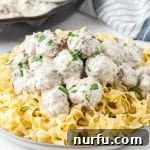 A bowl filled with tender Swedish meatballs and egg noodles, coated in a rich, creamy sauce.