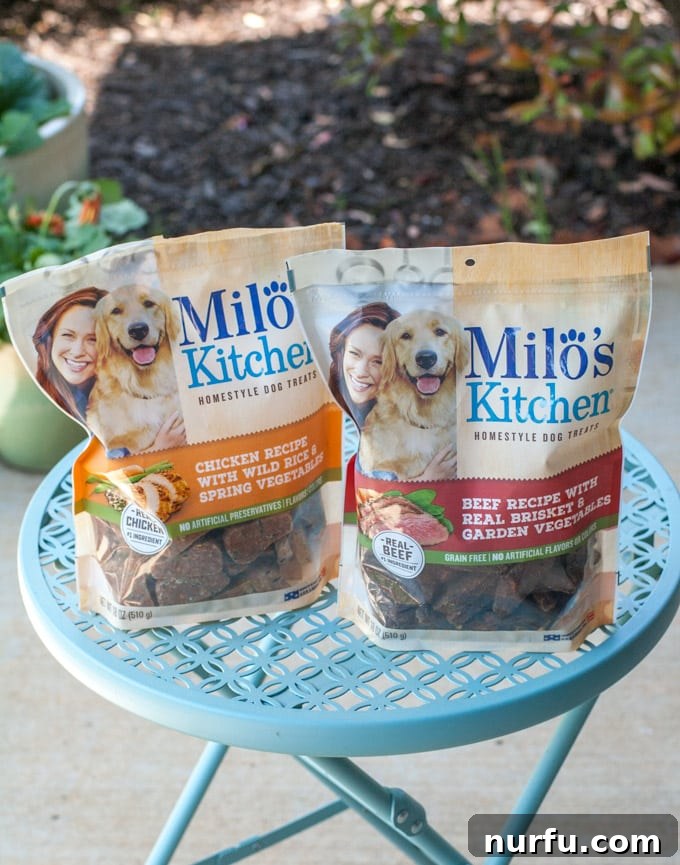 Milo's Kitchen Dog Treat Bags Bags of Milo's Kitchen dog treats displayed on a surface, highlighting their homestyle quality