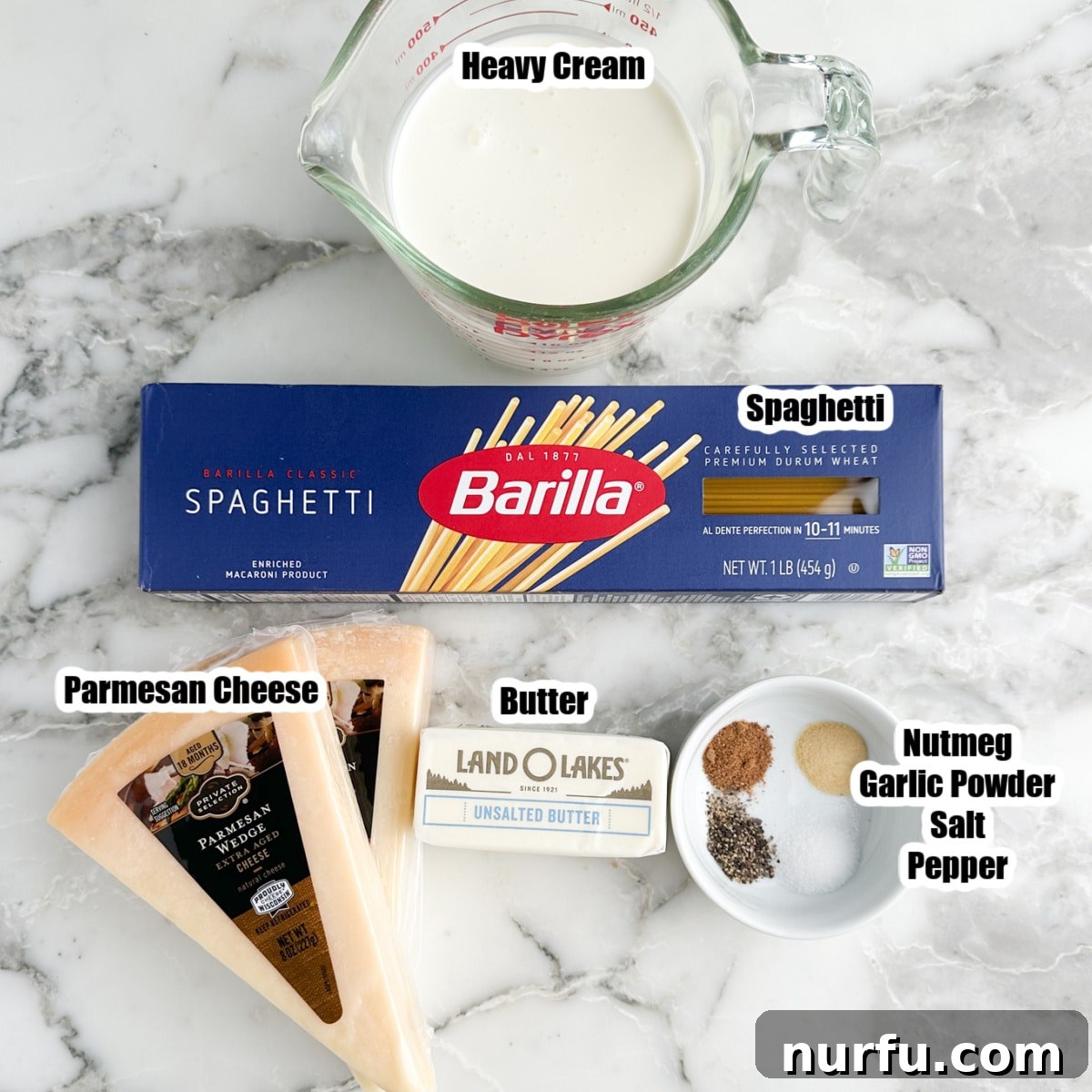 Creamy Parmesan Alfredo Spaghetti 3 Essential ingredients for creamy Alfredo spaghetti: a box of dried spaghetti, a block of fresh Parmesan cheese, a carton of heavy cream, and sticks of unsalted butter.