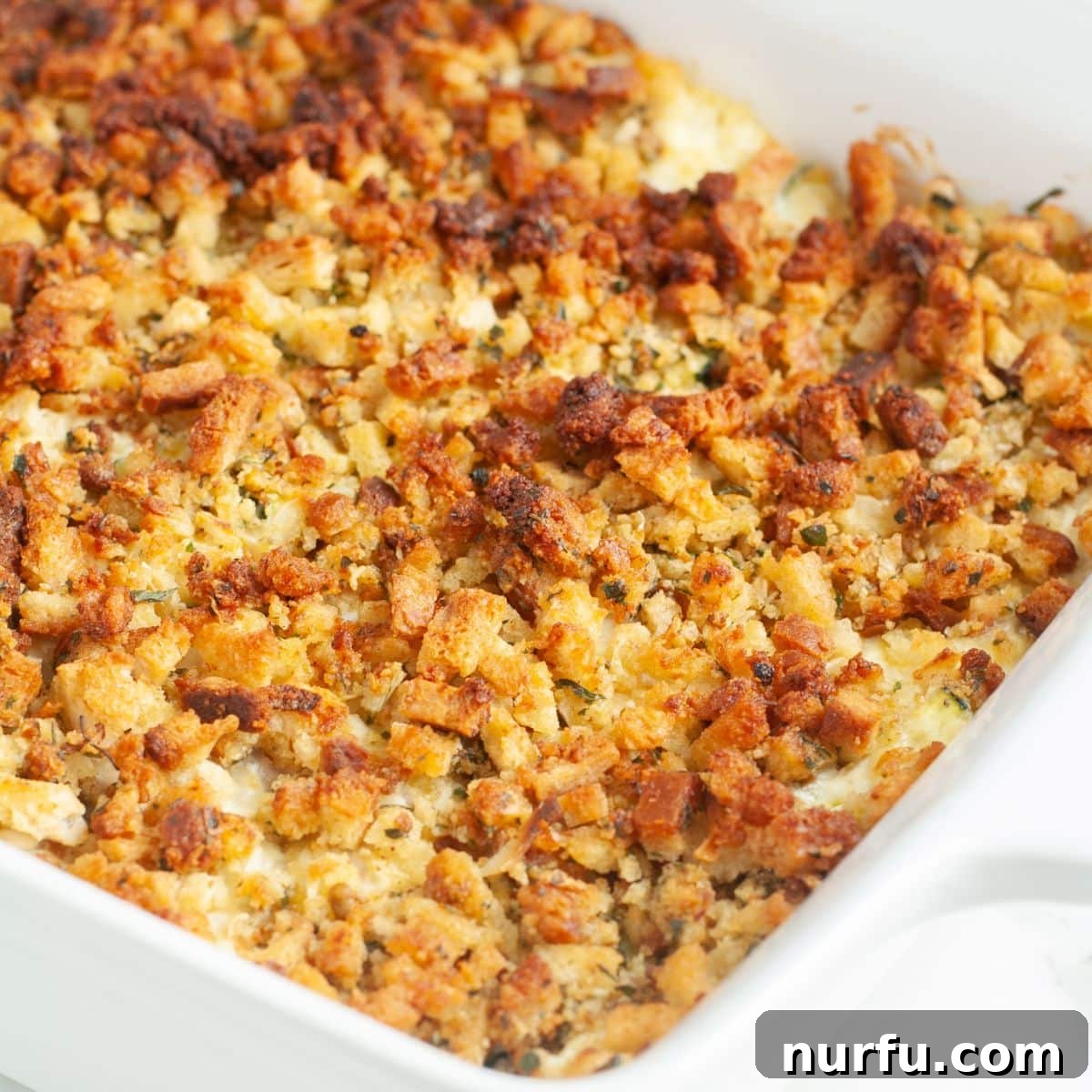 Comforting Chicken Zucchini Bake 8 A close-up shot of the cheesy chicken zucchini squash casserole in a rustic baking dish, fresh out of the oven. The golden-brown stuffing topping is perfectly crispy, revealing the creamy, bubbling chicken and vegetable mixture underneath, ready to be served and enjoyed.