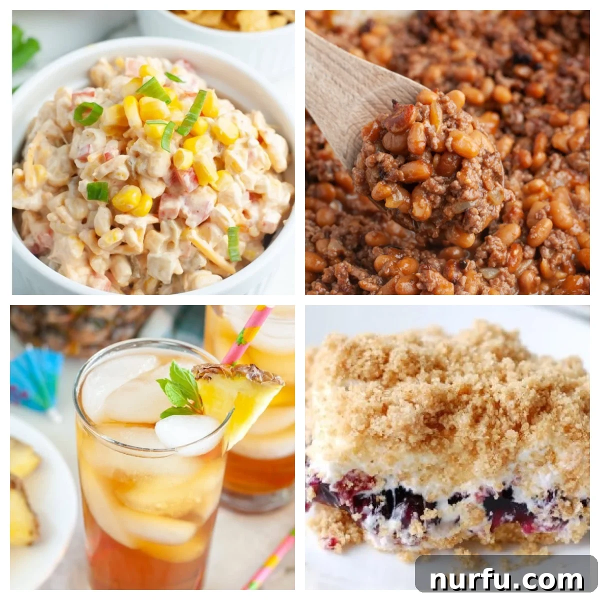 Savoring Freedom: 37 Delicious Memorial Day Recipes 2 A festive Memorial Day spread featuring creamy corn dip, savory baked beans, refreshing iced tea, and a classic blueberry pie, perfect for a summer celebration.