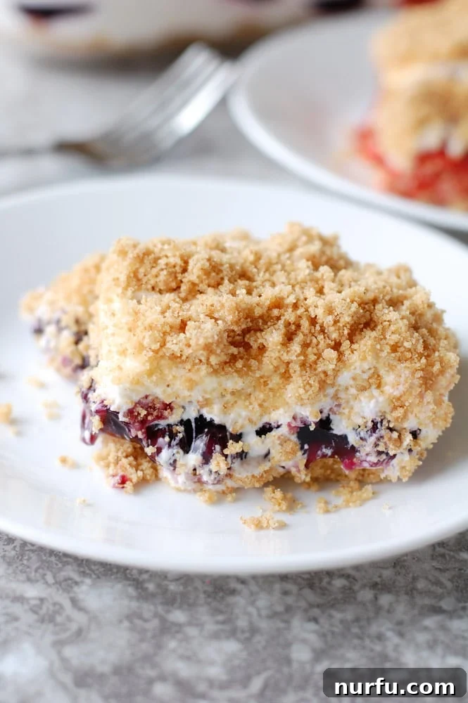 Savoring Freedom: 37 Delicious Memorial Day Recipes 33 A slice of blueberry and graham cracker dessert, known as yum yum pie, presented on a white plate.