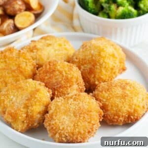 Plate of golden-brown chicken croquettes, garnished with fresh parsley.