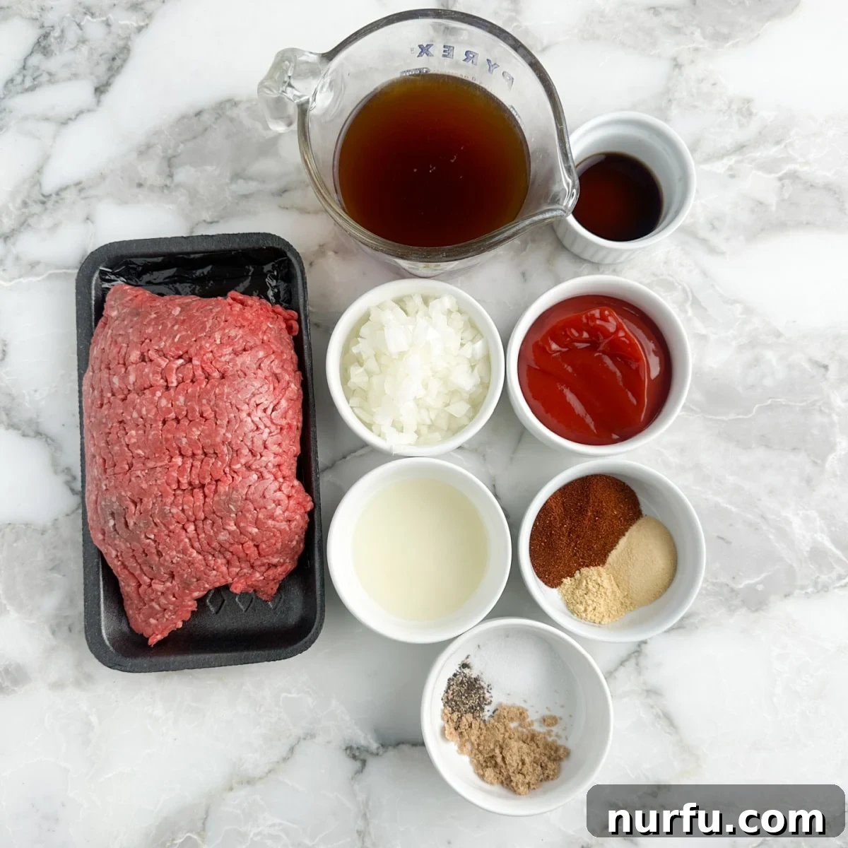 Ultimate Chili Dog Sauce 3 Ground beef, beef broth, seasonings, diced onion, ketchup, and Worcestershire sauce laid out for hot dog chili preparation.
