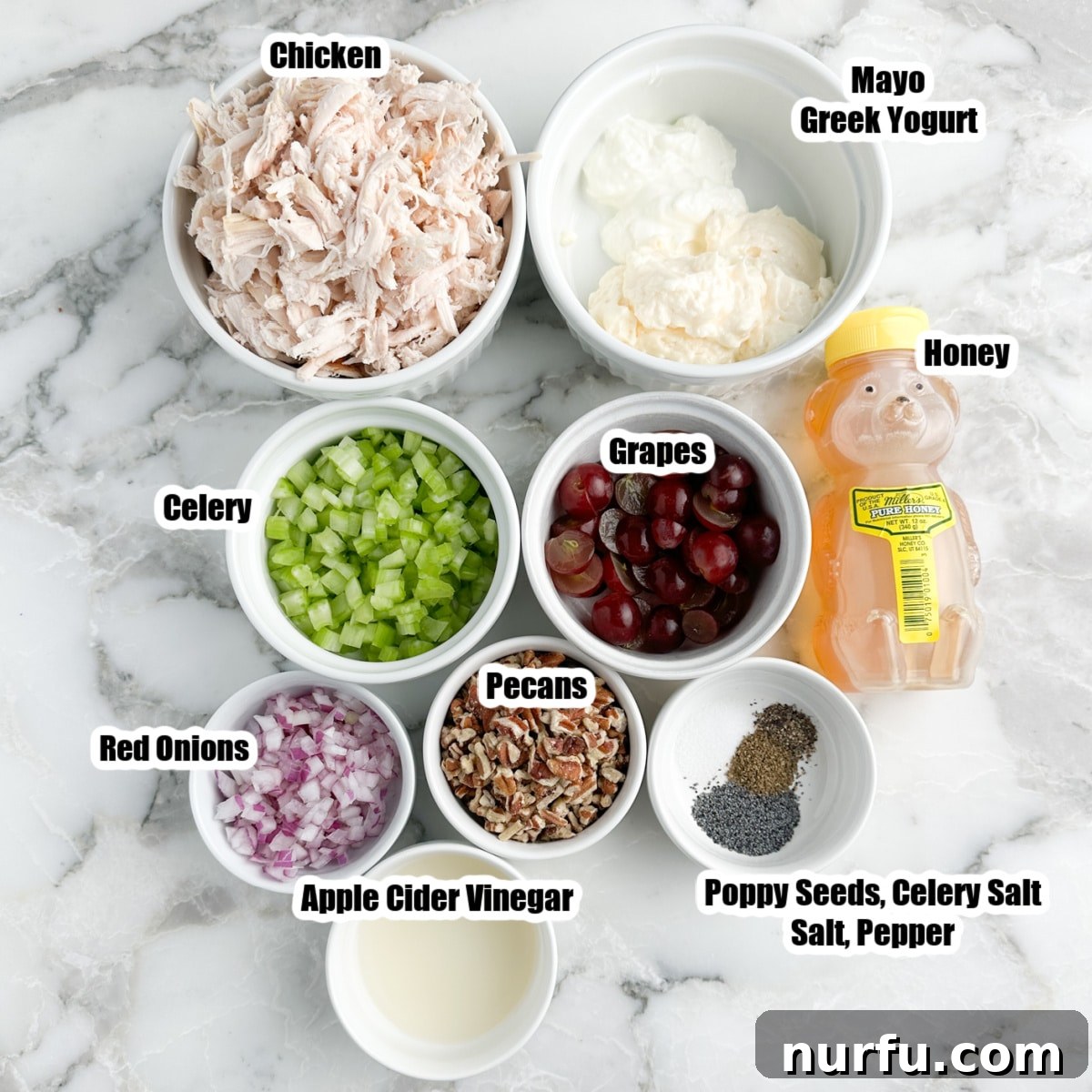 Homemade Sonoma Chicken Salad 3 A vibrant flat lay showcasing all the ingredients for Sonoma chicken salad: shredded chicken, a bowl of mayonnaise, Greek yogurt, diced celery, finely chopped red onions, halved red grapes, golden honey, crunchy pecans, apple cider vinegar, and various seasonings.