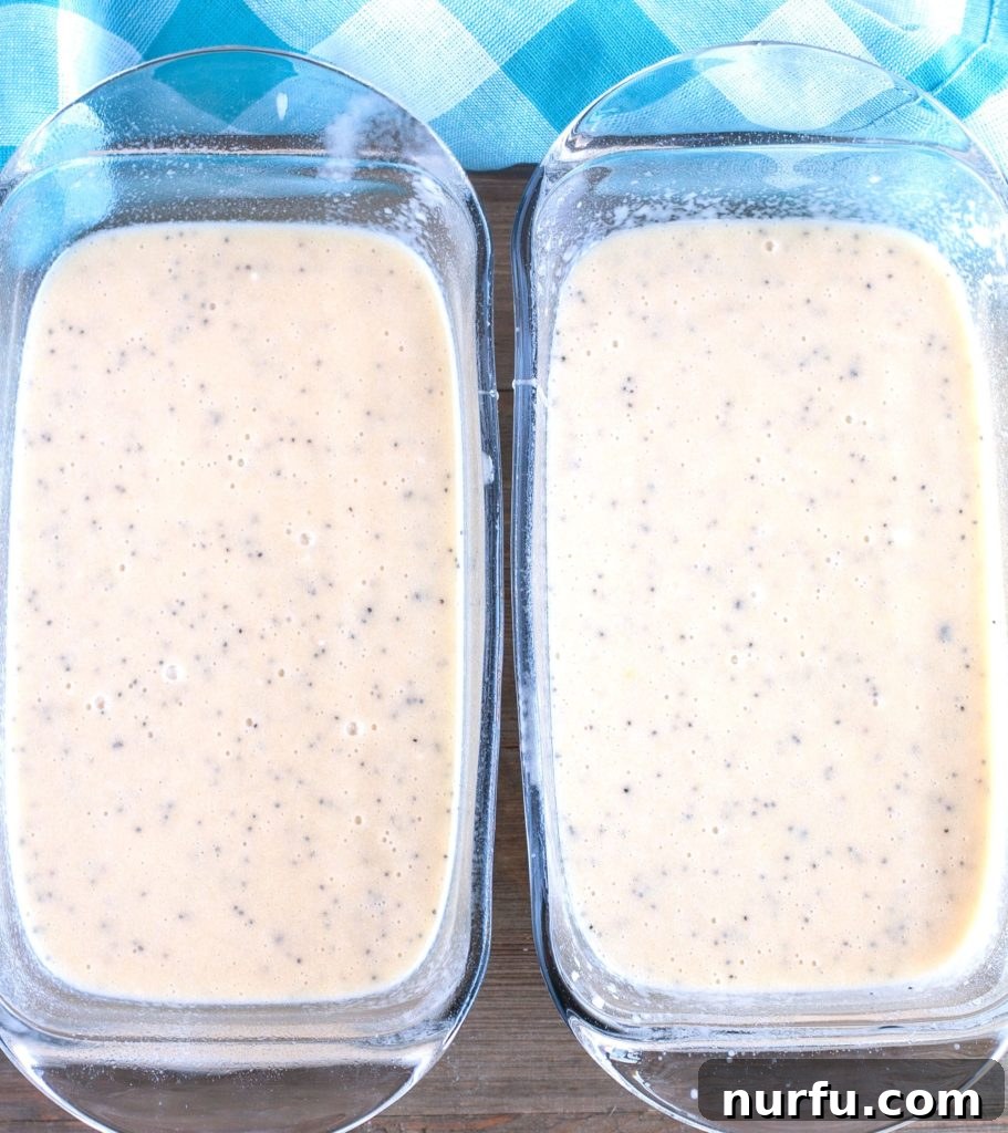Poppy Seed Cake Pans 2 loaf pans with cake batter in each
