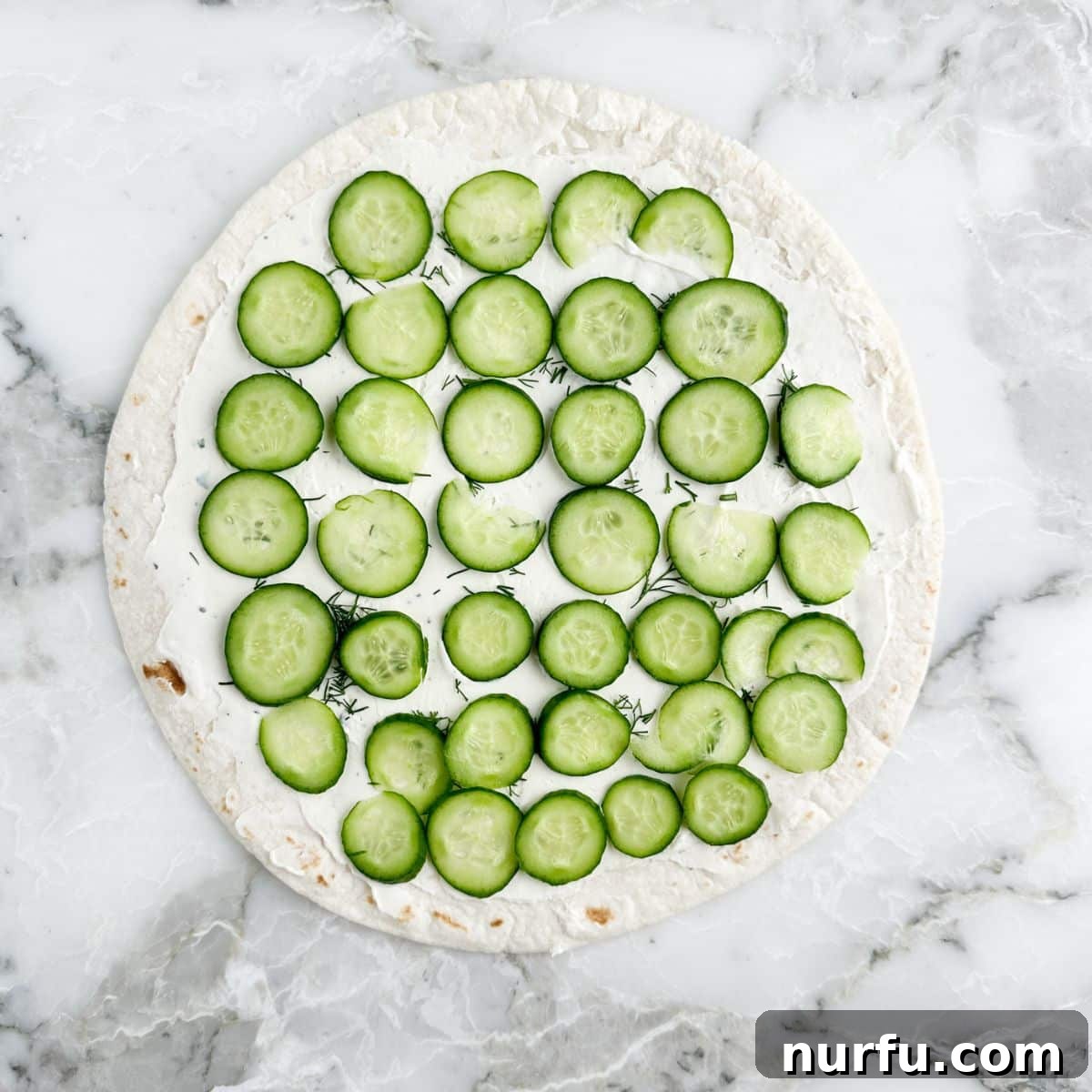 A tortilla with cream cheese and thinly sliced cucumbers neatly arranged on top in a single layer.