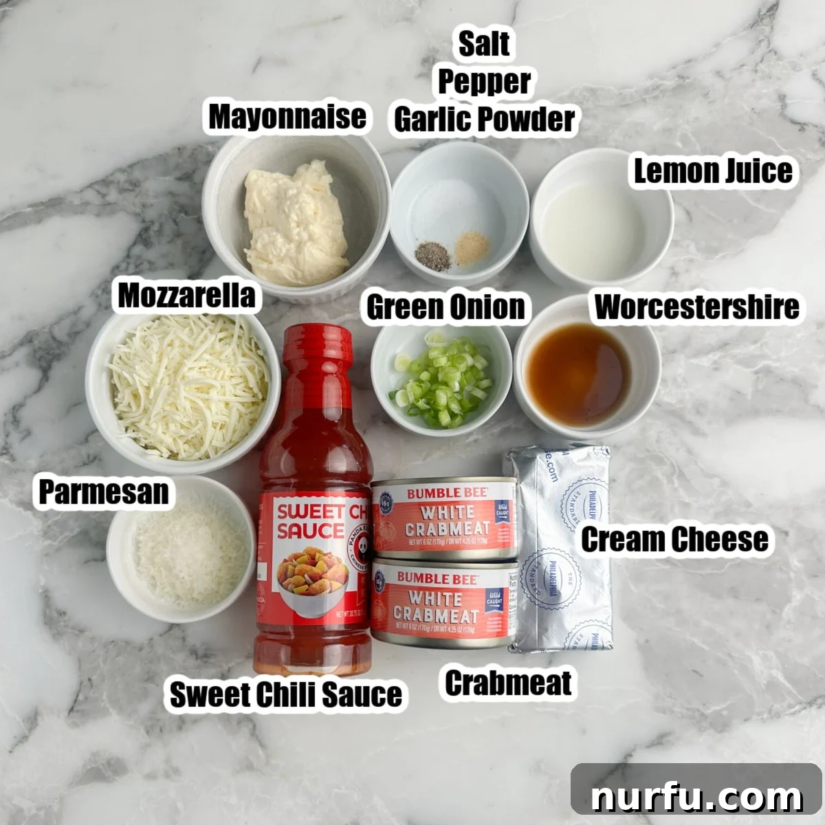 Irresistible Crab Rangoon Dip 3 Crab meat, cheese, sweet chili sauce, mayonnaise, cream cheese, seasonings, worcestershire sauce, green onions.