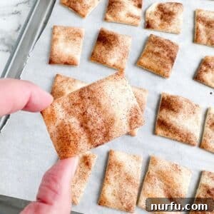Hand holding a golden cinnamon sugar pie crust chip.