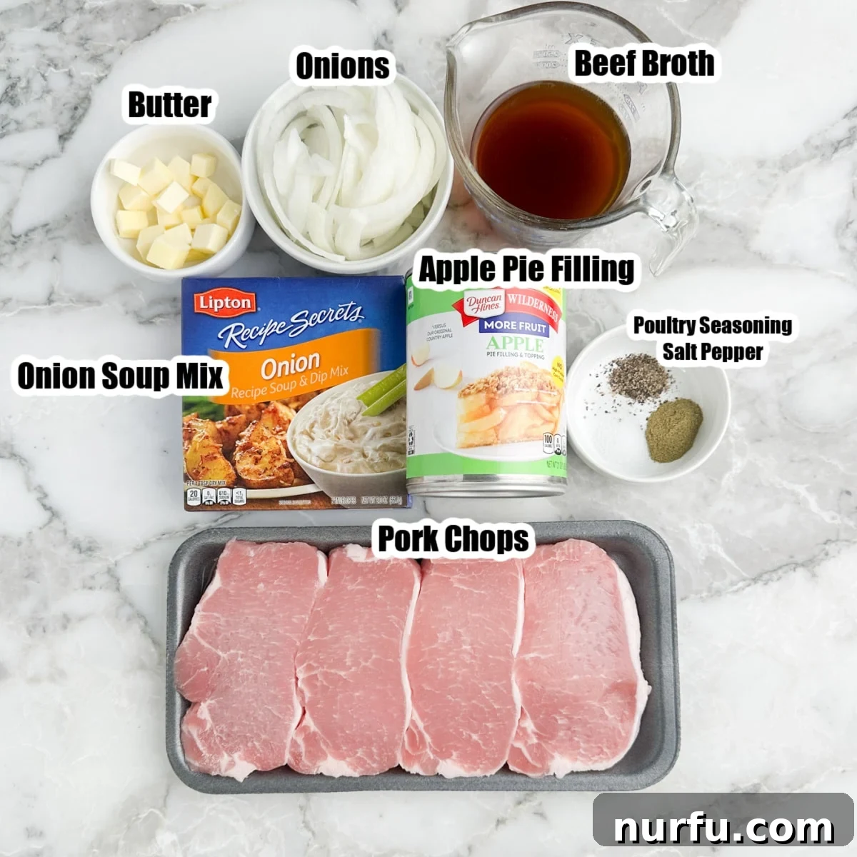 Tender Slow Cooker Pork and Apples 3 Collection of ingredients including pork chops, onion soup mix, canned apple pie filling, broth, sliced onions, and pats of butter.