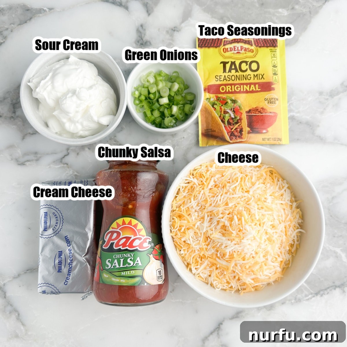 Stacked Salsa Sensation 3 A flat lay photograph showcasing all the fresh ingredients for layered salsa dip: a jar of chunky salsa, a bowl of creamy sour cream, a block of softened cream cheese, a packet of taco seasoning, a pile of shredded cheese, and chopped green onions for garnish.