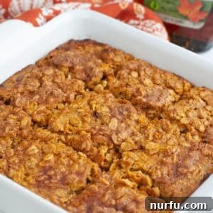Baking dish with baked pumpkin oatmeal.
