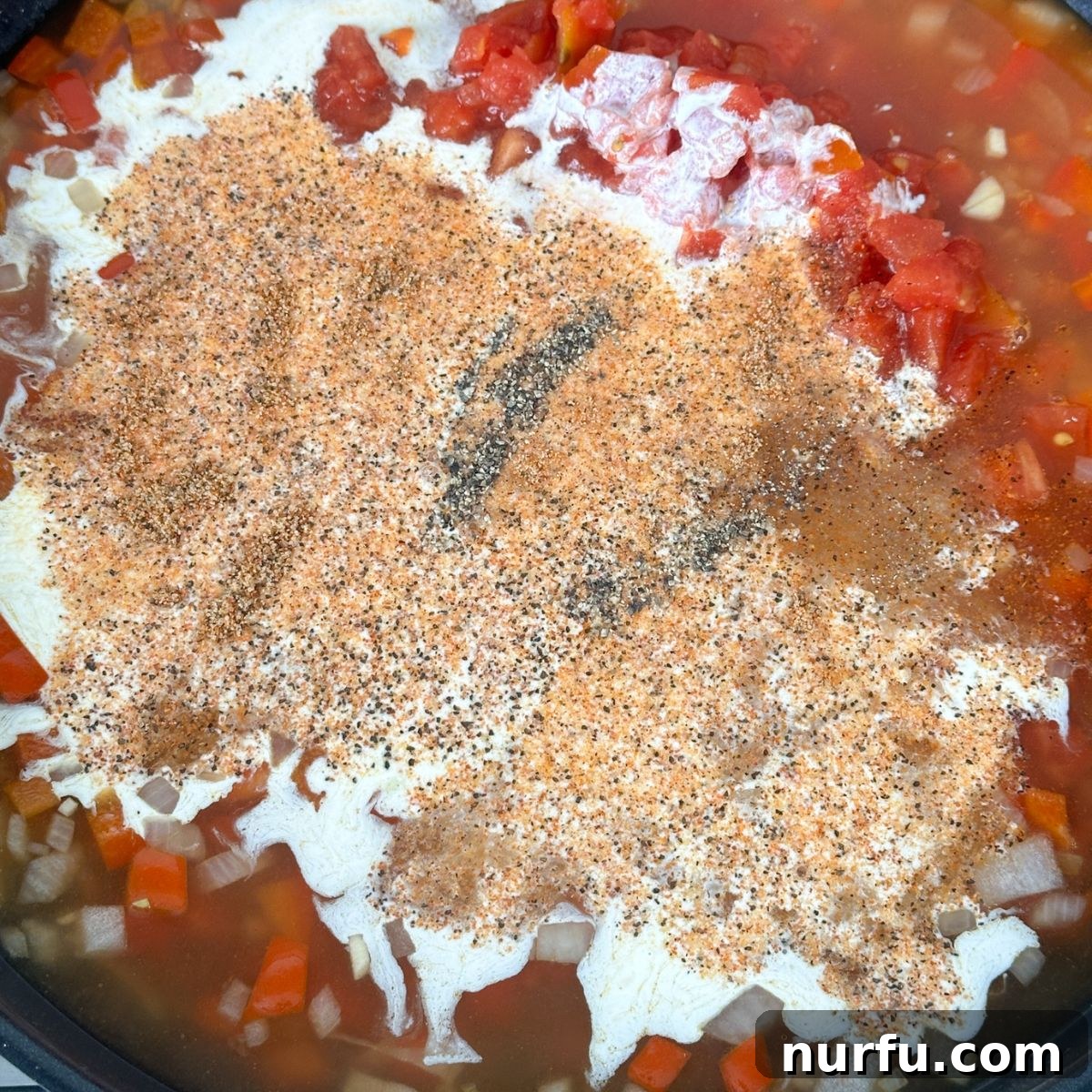 A creamy, reddish sauce simmering in a skillet, made with diced tomatoes, heavy cream, and rich Cajun seasonings, ready for pasta.