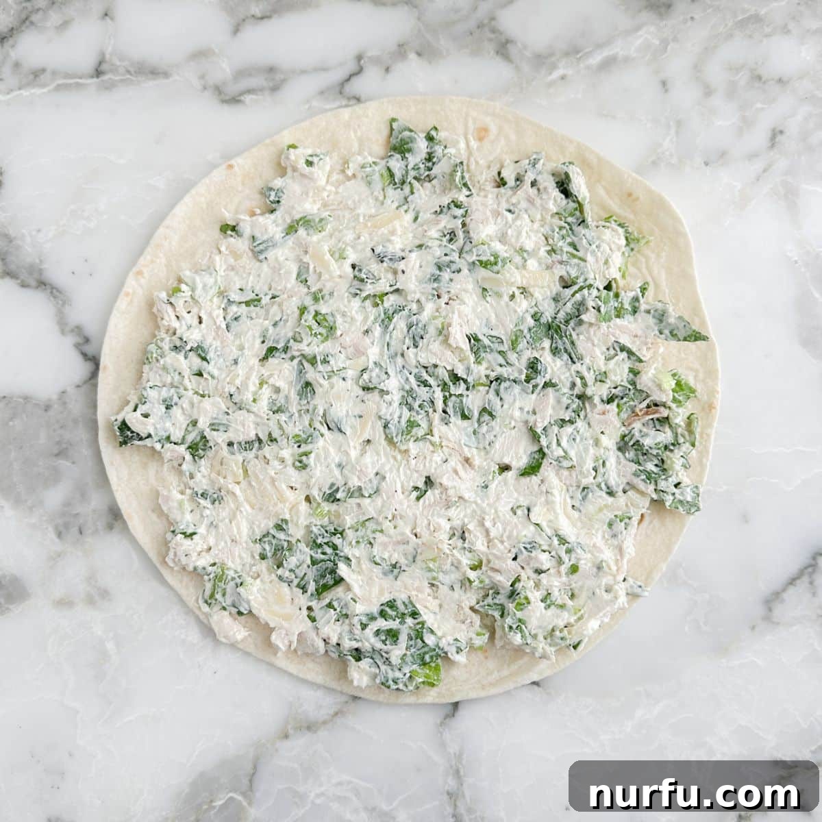 A large flour tortilla with an even layer of chicken Caesar mixture spread across it, extending to the edges.