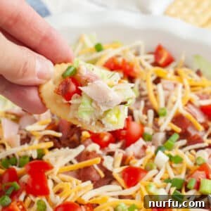 Hand holding a cracker with club sandwich dip.
