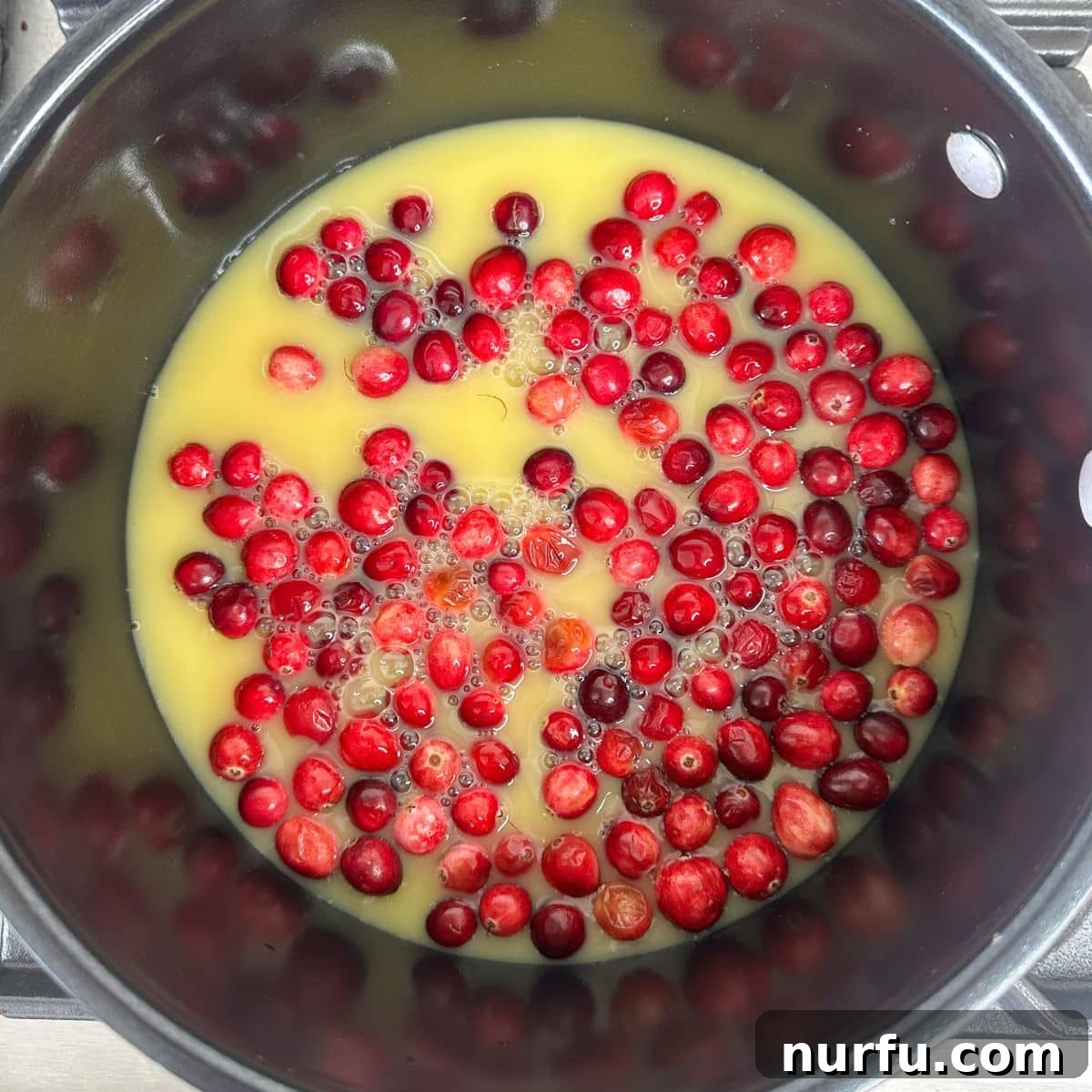 Zesty Cranberry Compound 4 Fresh cranberries and orange juice gently simmering in a saucepan on a stovetop, creating a vibrant red liquid.