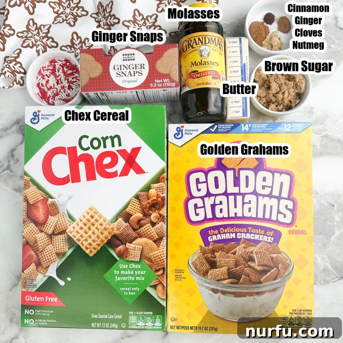Gingerbread Holiday Crunch 3 Assortment of key ingredients for Gingerbread Chex Mix: Chex cereal, Golden Grahams, gingersnap cookies, molasses, brown sugar, butter, and various spices.