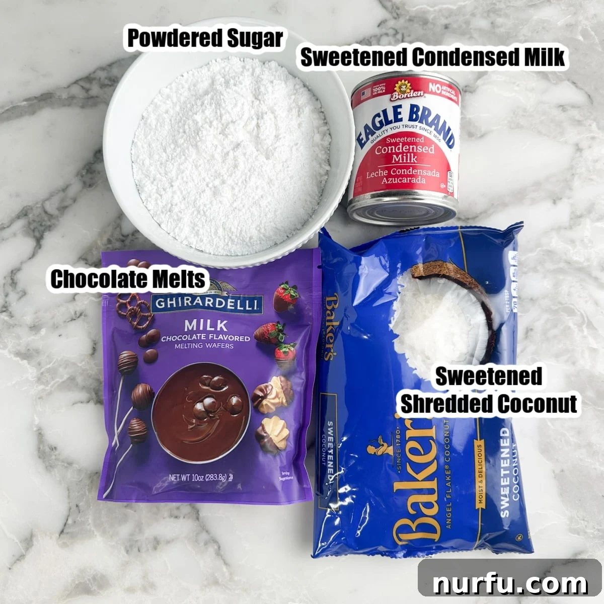 Coconut Chocolate Dream Bites 3 Four key ingredients laid out: a bag of sweetened shredded coconut, a bowl of powdered sugar, a can of sweetened condensed milk, and a bag of chocolate melts.